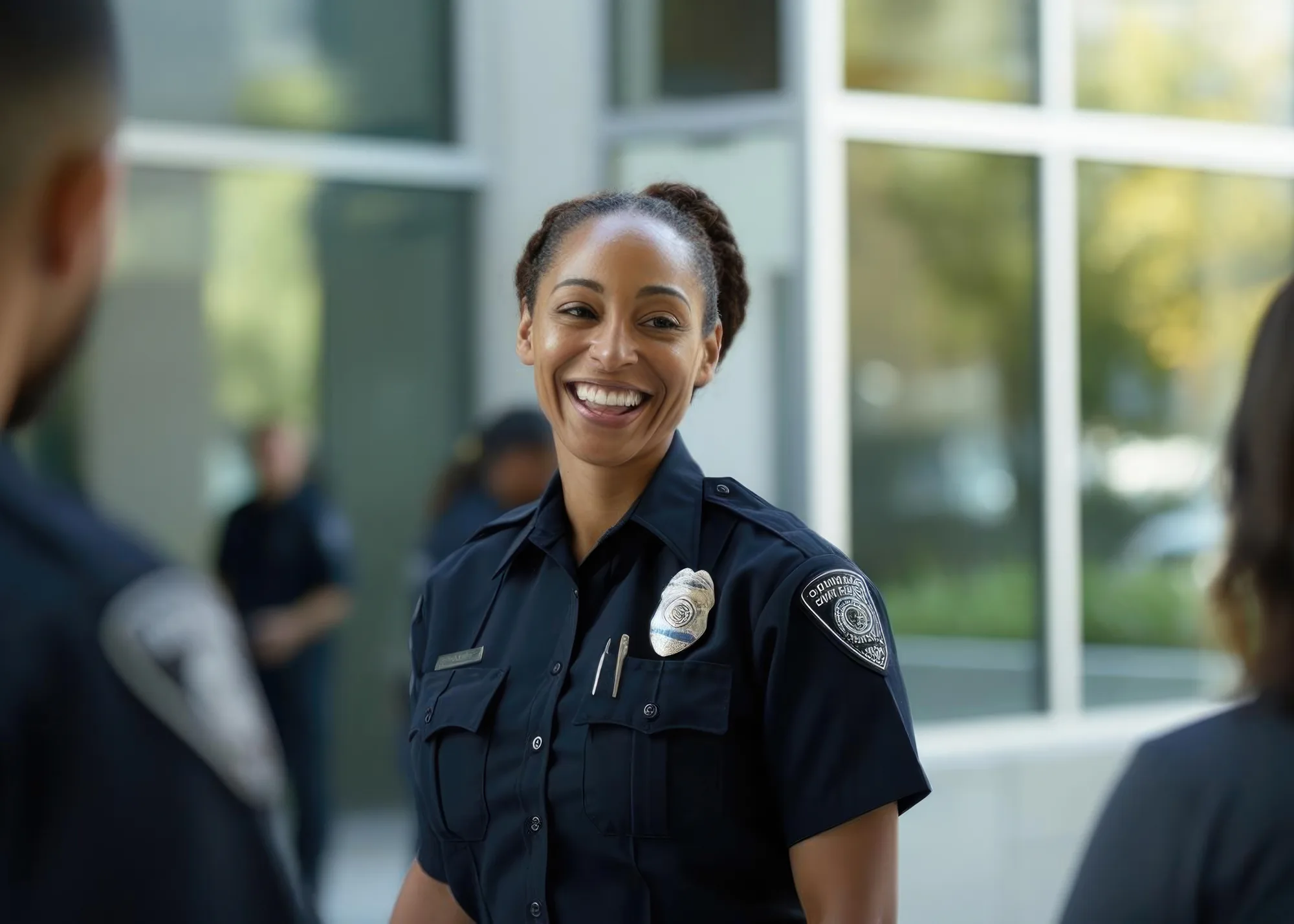 A young female police officer smiling at the camera